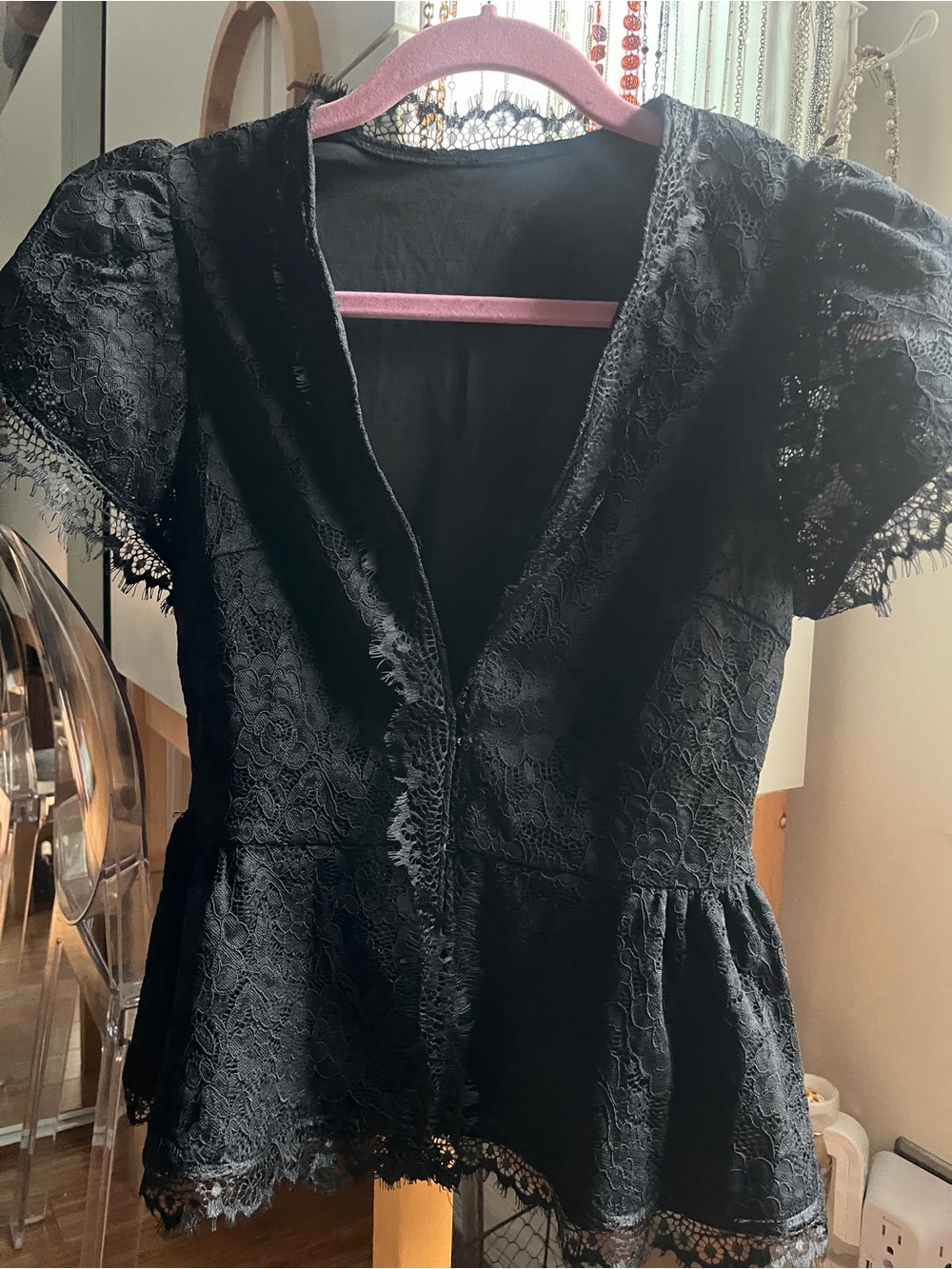 Commens V Neck Lace Peplum Short Sleeve Top - Picture 8 of 10